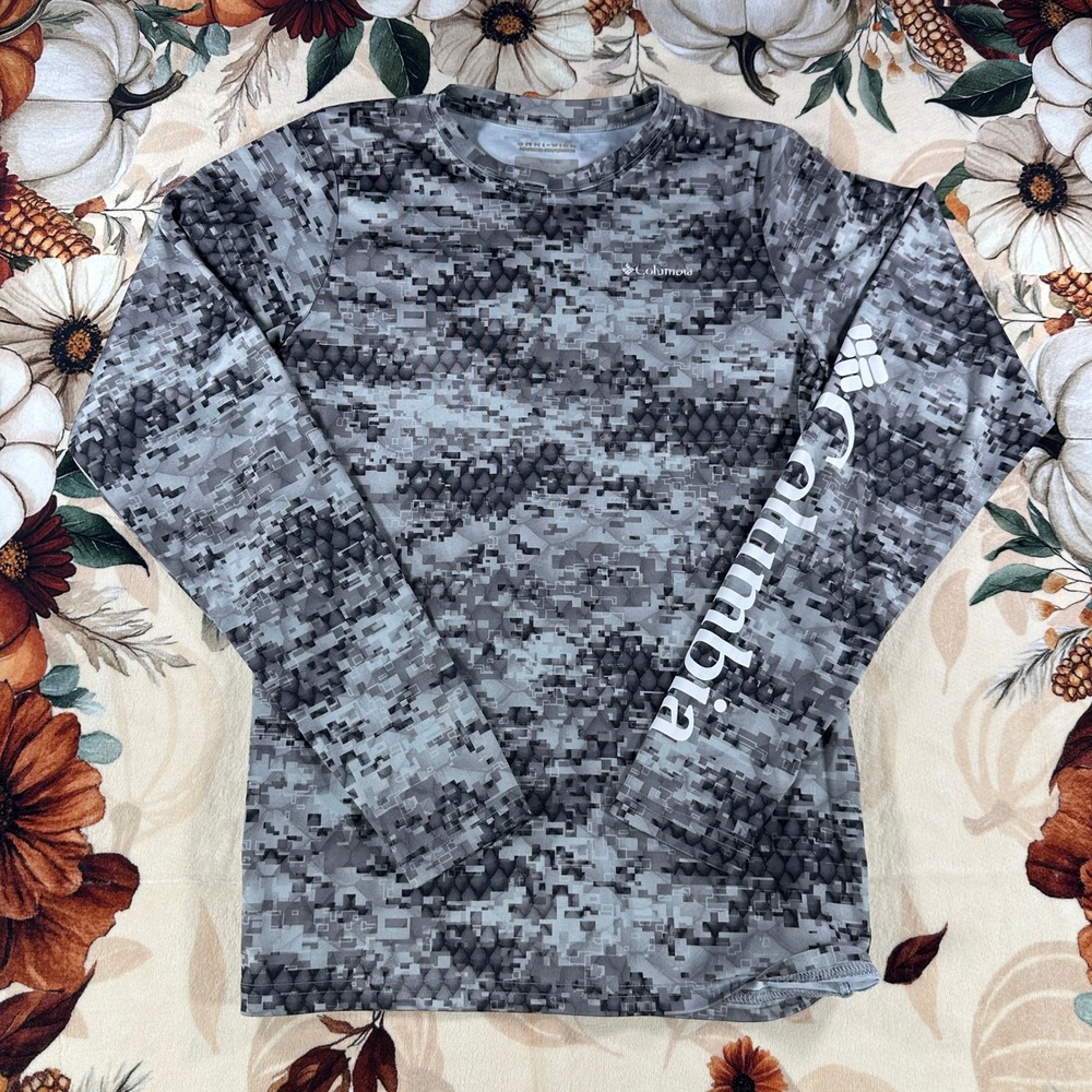 Columbia PFG Mens Long Sleeve Fishing Shirt Gray Digital Camo Fits Size Small